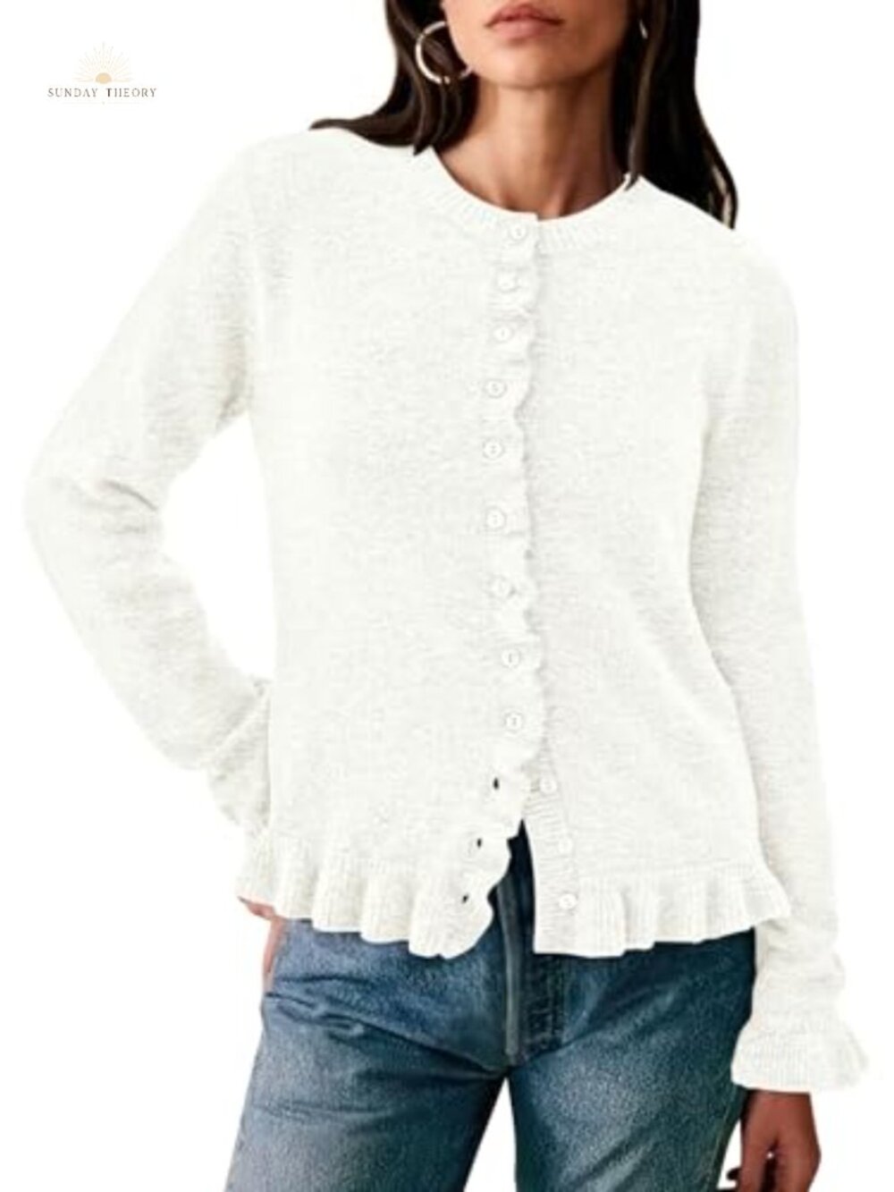 Cropped Ruffle Button Down Cardigan Chunky Knit Women's Sweater
